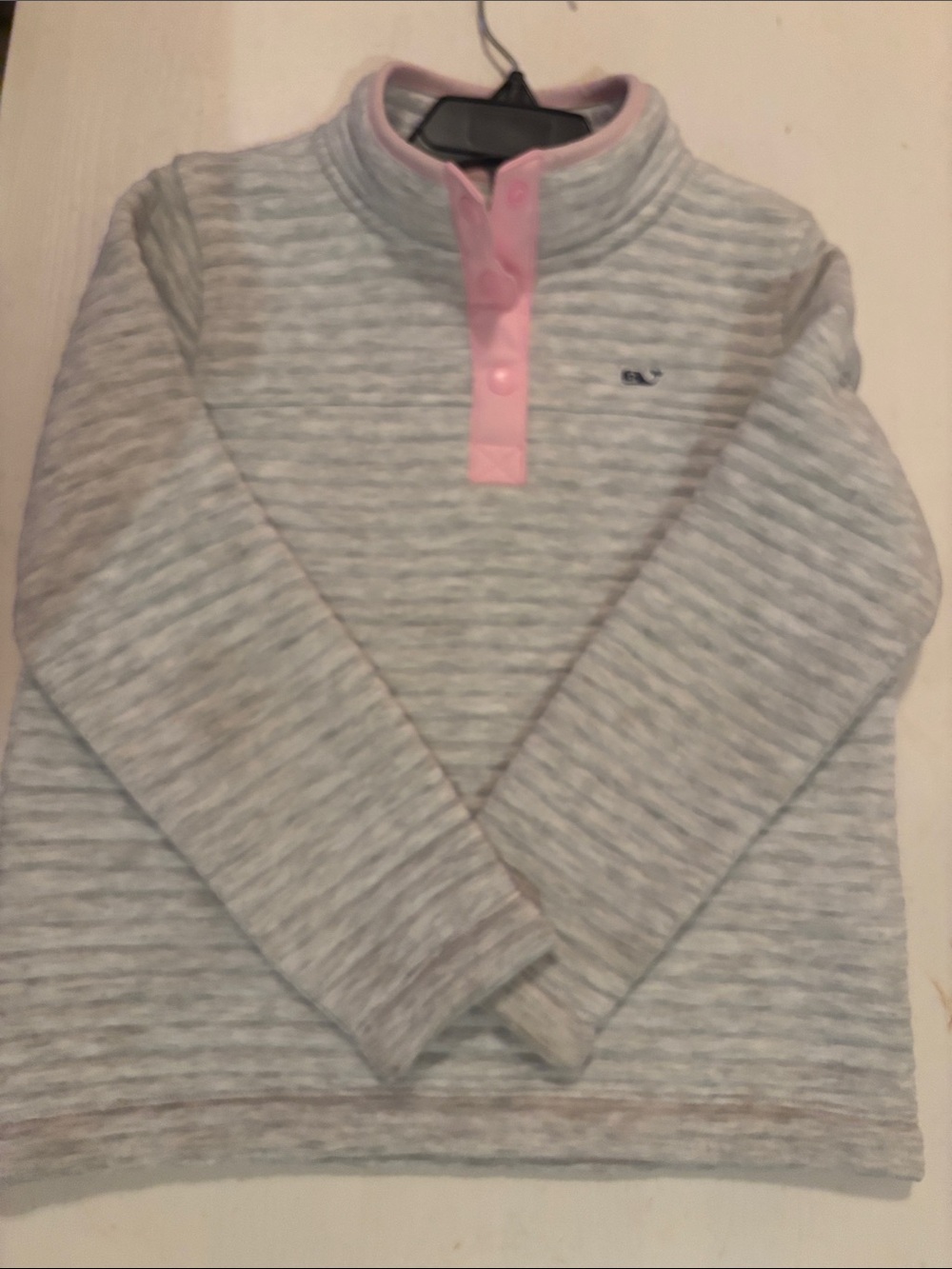 Vineyard Vines Kids Quitted Light Grey Striped Pullover with Pink Placket